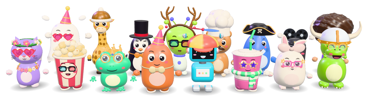 Sixteen Recess characters cheering together: beans, popcorn, robots, frogs, ghosts, dinos and more.